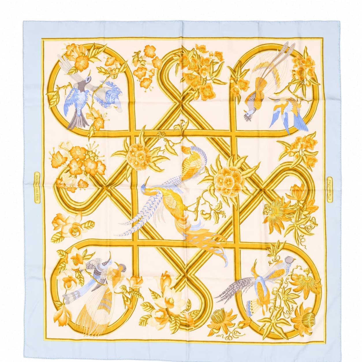 Hermès Caraibes Silk Scarf Square 90cm Yellow Blue White Christiane Vauzelles