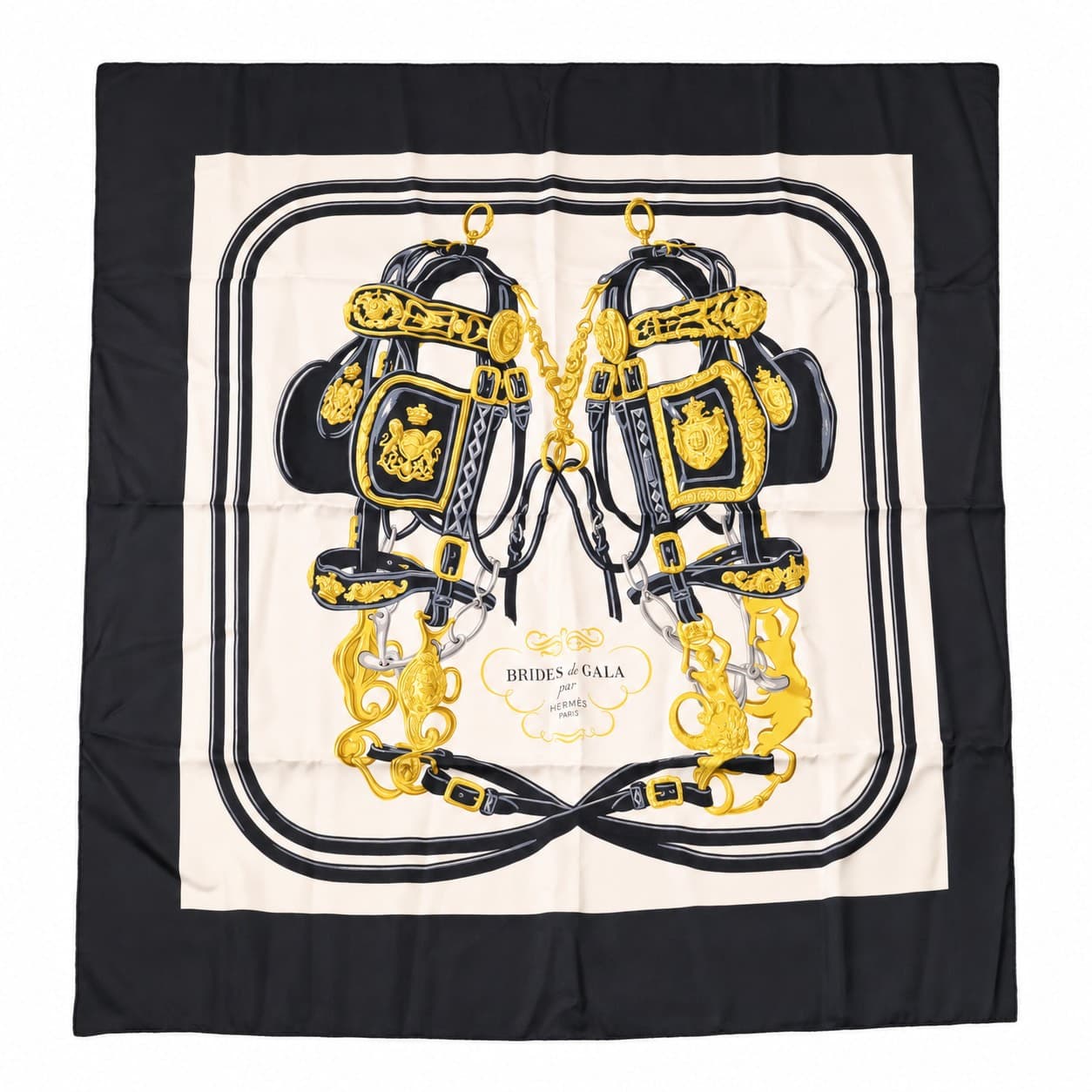 Hermès Brides De Gala 90 Silk Scarf Black White Gold Equestrian