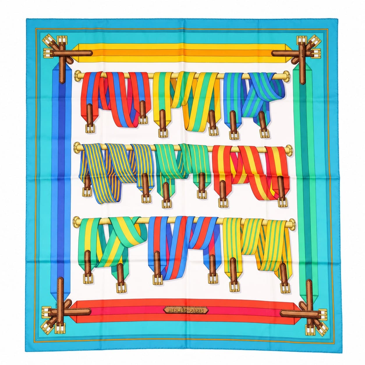 Hermès Cliquetis Silk Scarf 90cm Carré Multicolor Blue J. Abadie
