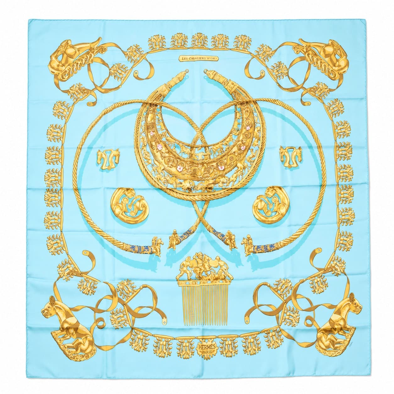 Hermès Les Cavaliers D'Or Silk Scarf 90cm Light Blue Gold Rybal