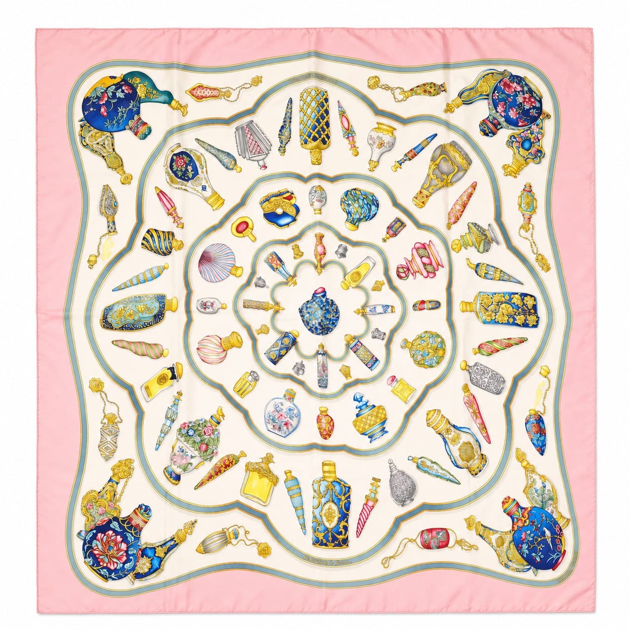 Hermès Qu'importe Le Flacon Silk Scarf Carré 90 Pink Perfume Bottle Catherine Baschet