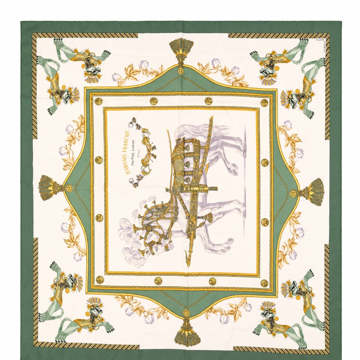 Hermès Harnais Français Premier Empire Silk Scarf 90cm Green Carré Square