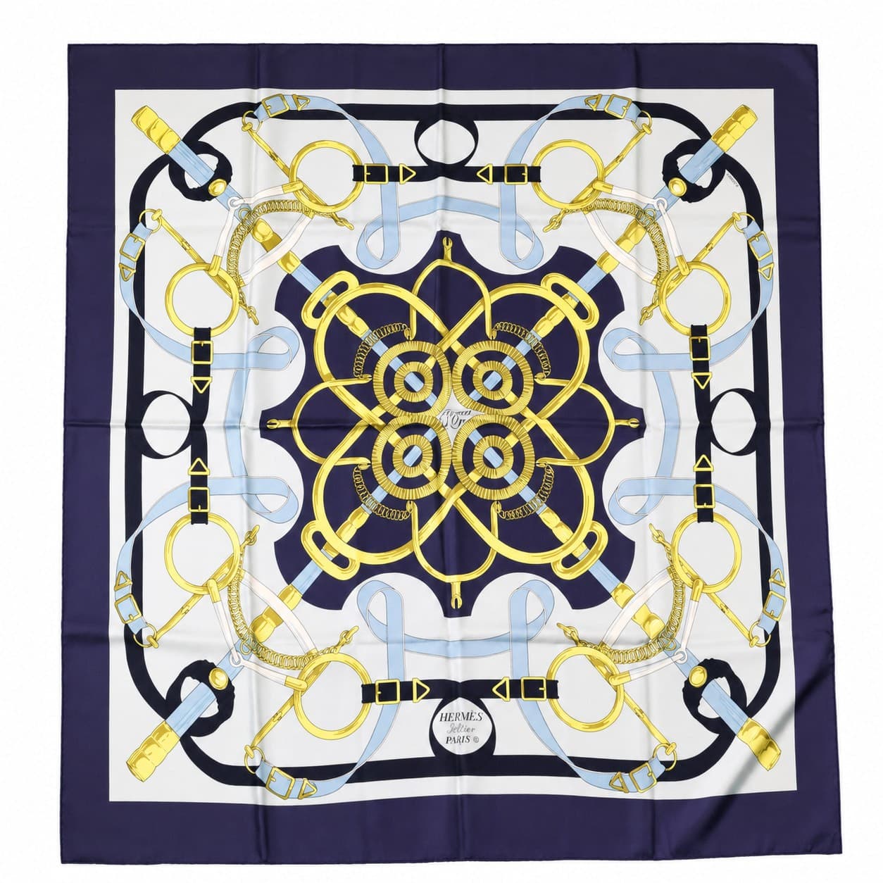 Hermès Eperon D'Or Silk Scarf 90 Navy Multicolor Henri D'Origny Carré