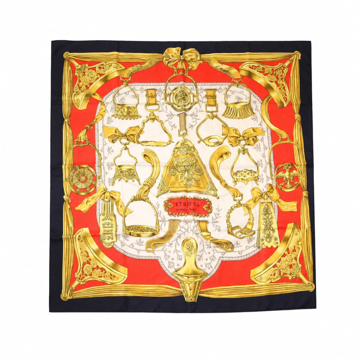 Hermès Etriers Silk Scarf 90cm Red Gold Cream Black Françoise De La Perrière