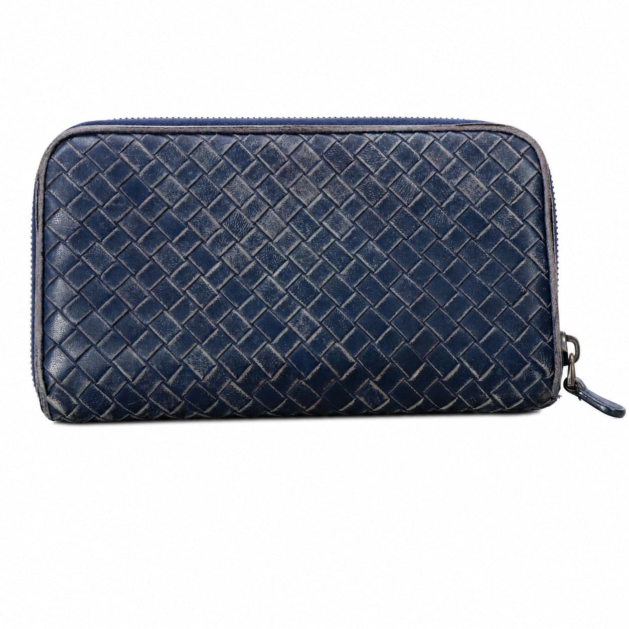 Bottega Veneta Intrecciato Woven Leather Zip Around Wallet Organizer Navy Blue
