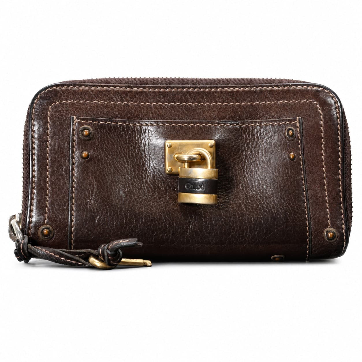 Chloé Paddington Brown Leather Zip-Around Wallet Clutch Padlock