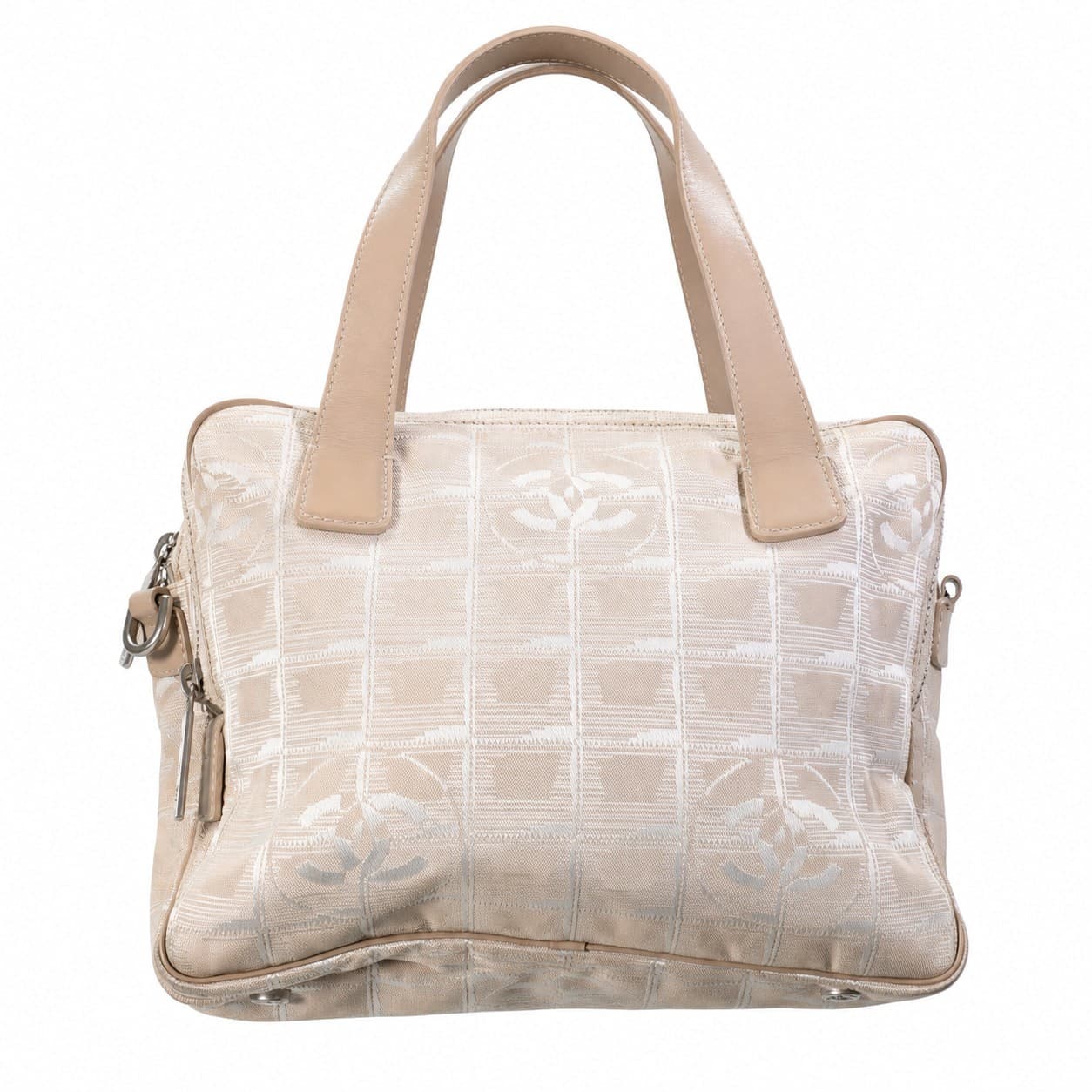 Chanel Travel Line Jacquard Beige CC Logo Bowler Bag Handbag Purse Shoulder Bag