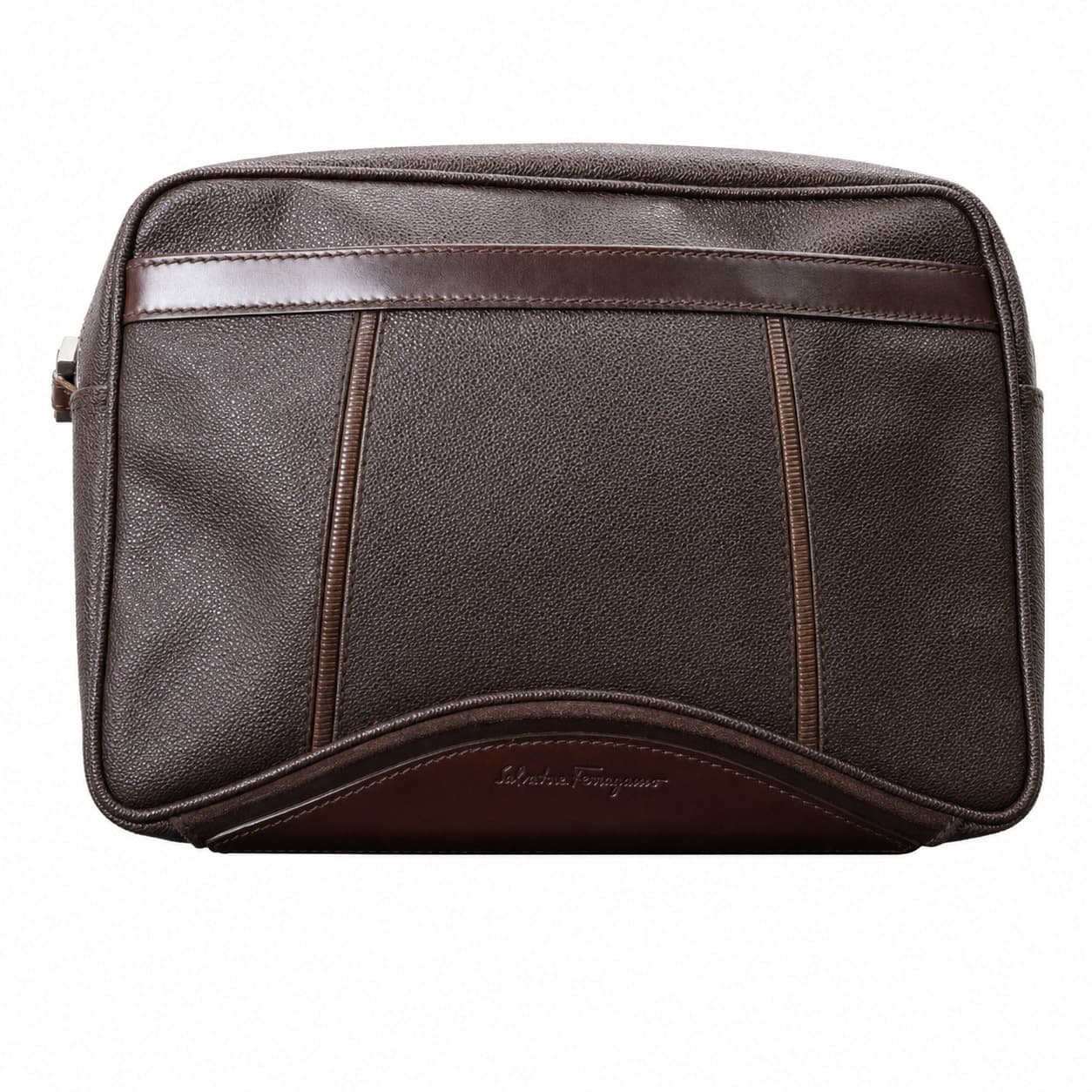 Salvatore Ferragamo Brown Pebbled Leather Toiletry Bag Clutch Pouch