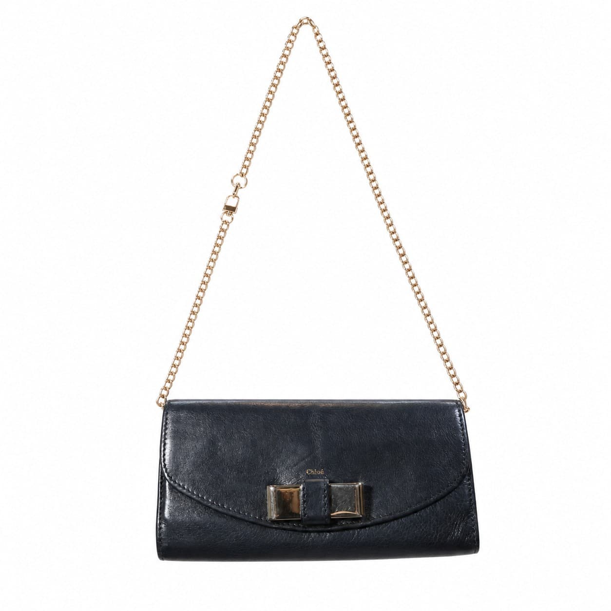 Chloé Lily Black Leather Wallet On Chain Clutch Handbag Purse Gold Bow Hardware