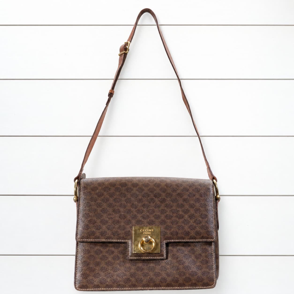 Céline Macadam Monogram Canvas Leather Shoulder Bag Crossbody Purse Brown