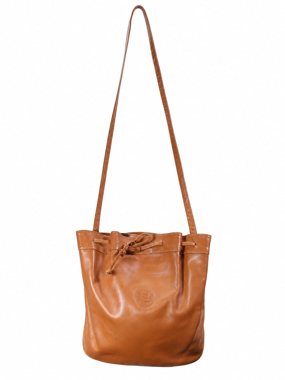 Fendi Leather Bucket Bag Drawstring Shoulder Crossbody Handbag Purse Tan