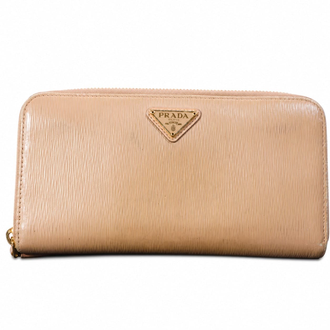 Prada Vitello Move Cipria Beige Leather Zip Around Wallet Purse Gold Hardware