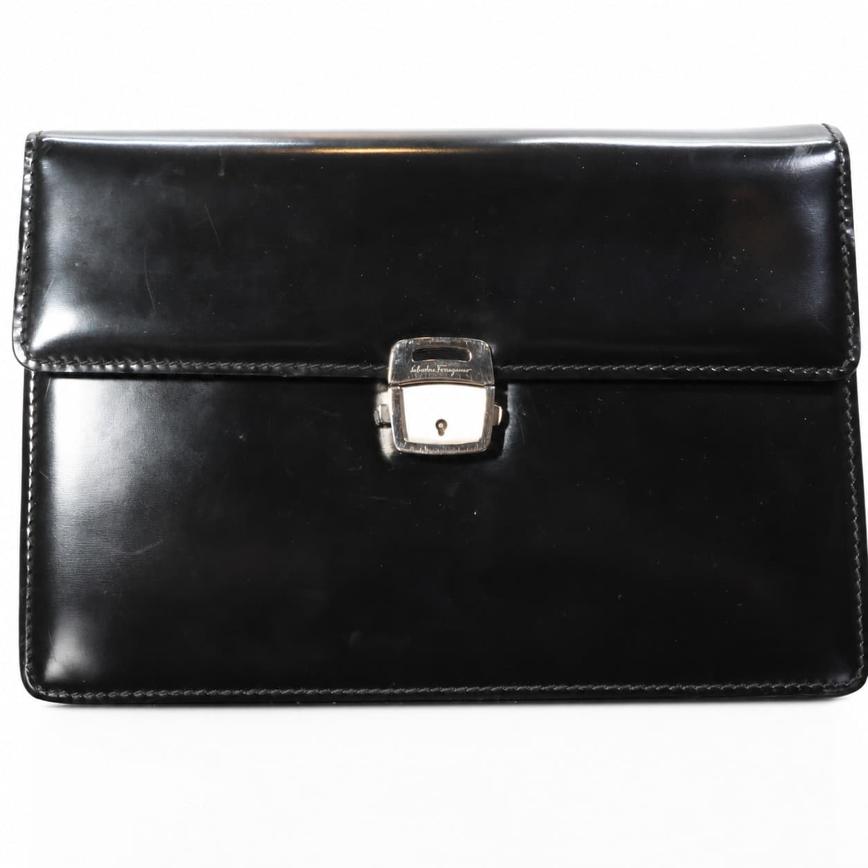 Salvatore Ferragamo Black Leather Briefcase Clutch Portfolio Bag Handbag Purse