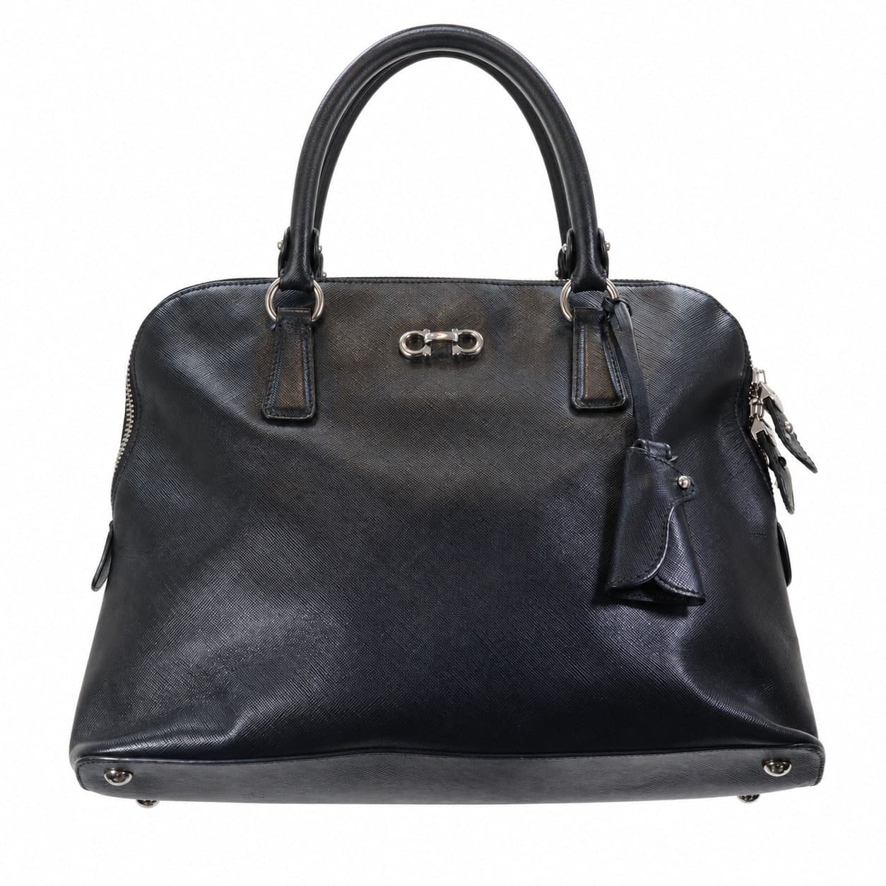Salvatore Ferragamo Black Saffiano Leather Gancini Dome Satchel Handbag Purse Bag Top Handle