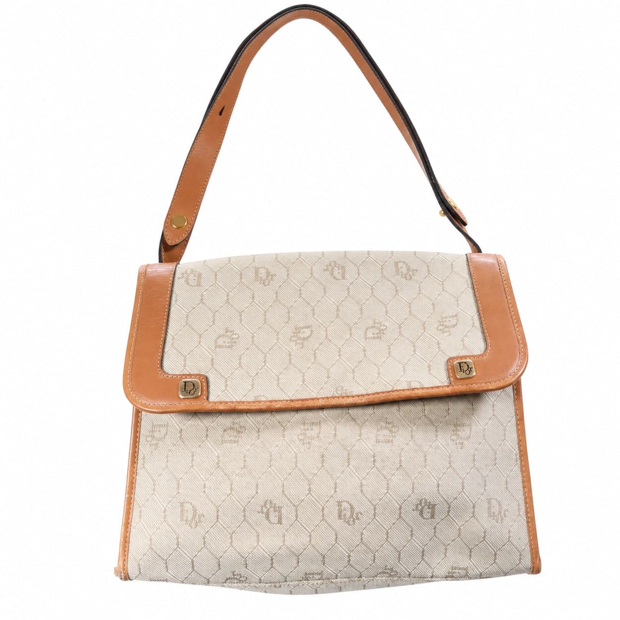 Christian Dior Honeycomb Canvas Leather Shoulder Bag Handbag Purse Beige Tan