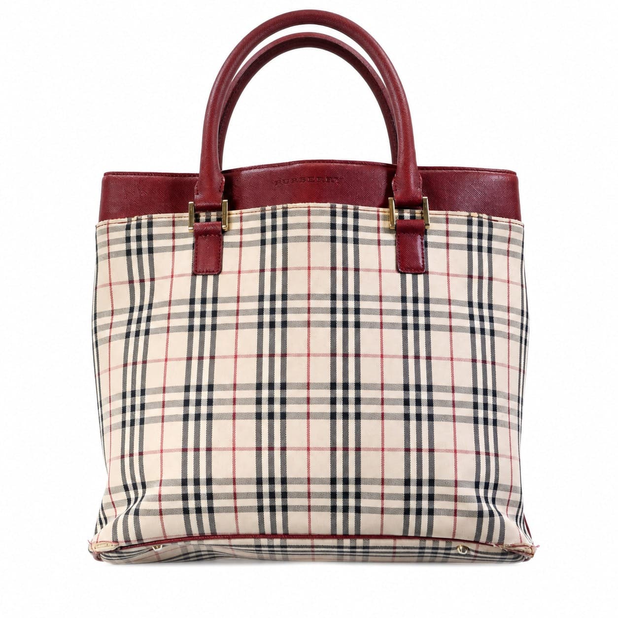Burberry Haymarket Check Coated Canvas Burgundy Leather Tote Handbag Purse Bag