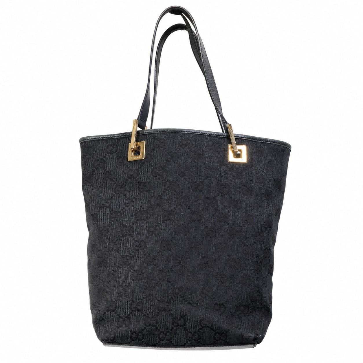 Gucci GG Canvas Tote Bag Handbag Purse Shoulder Bag Black Leather Trim