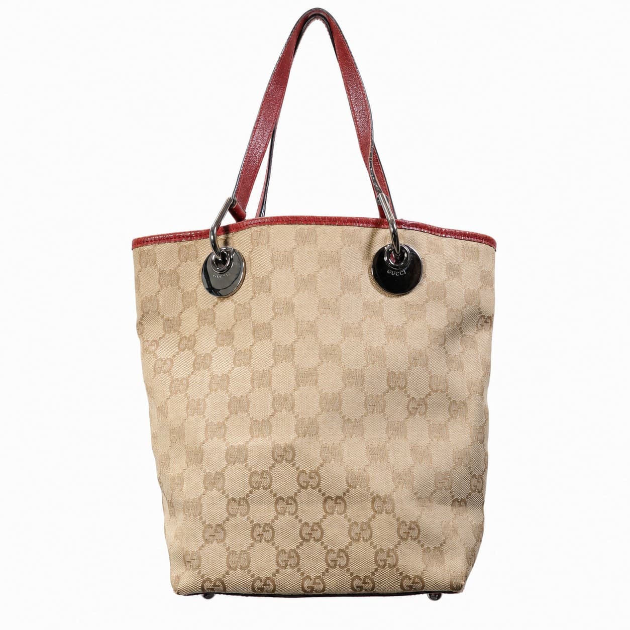 Gucci GG Canvas Red Leather Tote Shoulder Bag Handbag Purse Beige