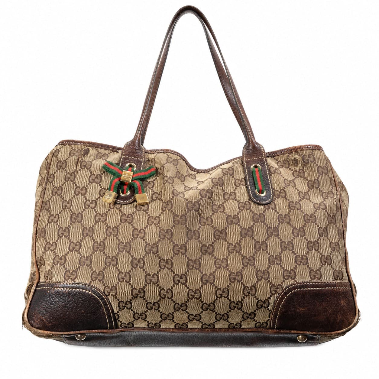 Gucci GG Canvas Leather Shoulder Bag Handbag Purse Brown Beige Web Stripe