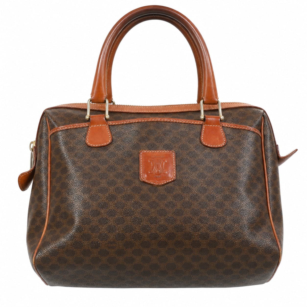Céline Macadam Boston Bag Handbag Purse Brown Coated Canvas Leather
