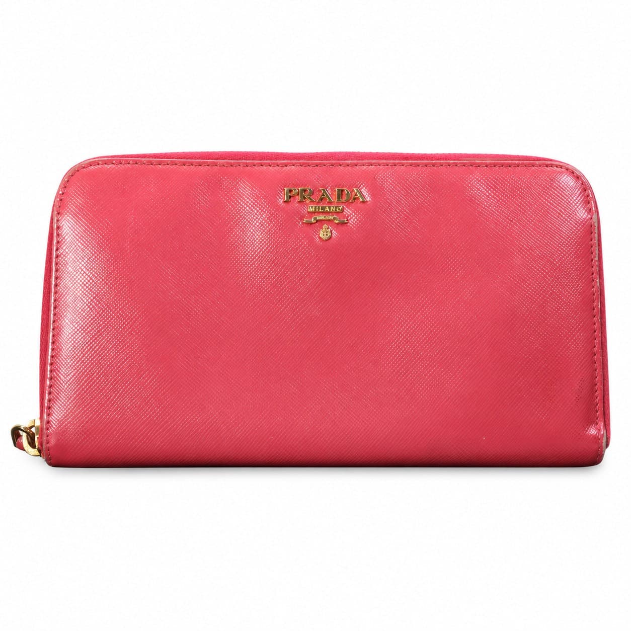 Prada Saffiano Leather Zip Around Continental Wallet Pink Coral Gold Hardware
