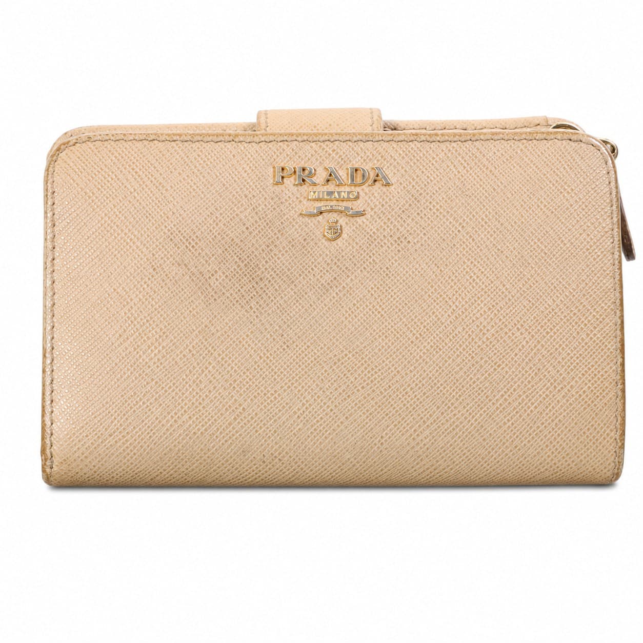 Prada Saffiano Leather Bifold Wallet Cipria Beige Gold Hardware Snap Closure