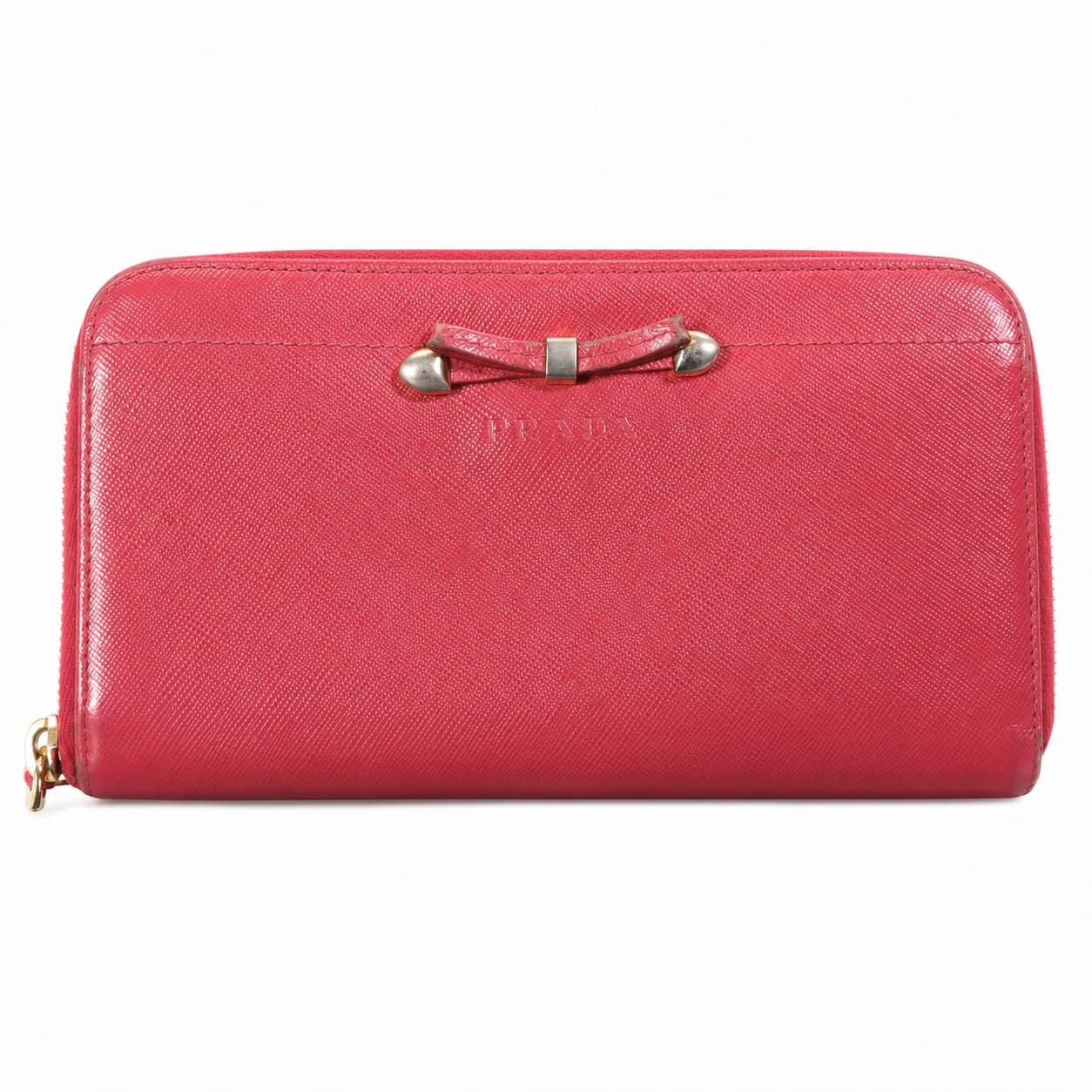 Prada Saffiano Fiocco Bow Zip Around Continental Wallet Pink Leather