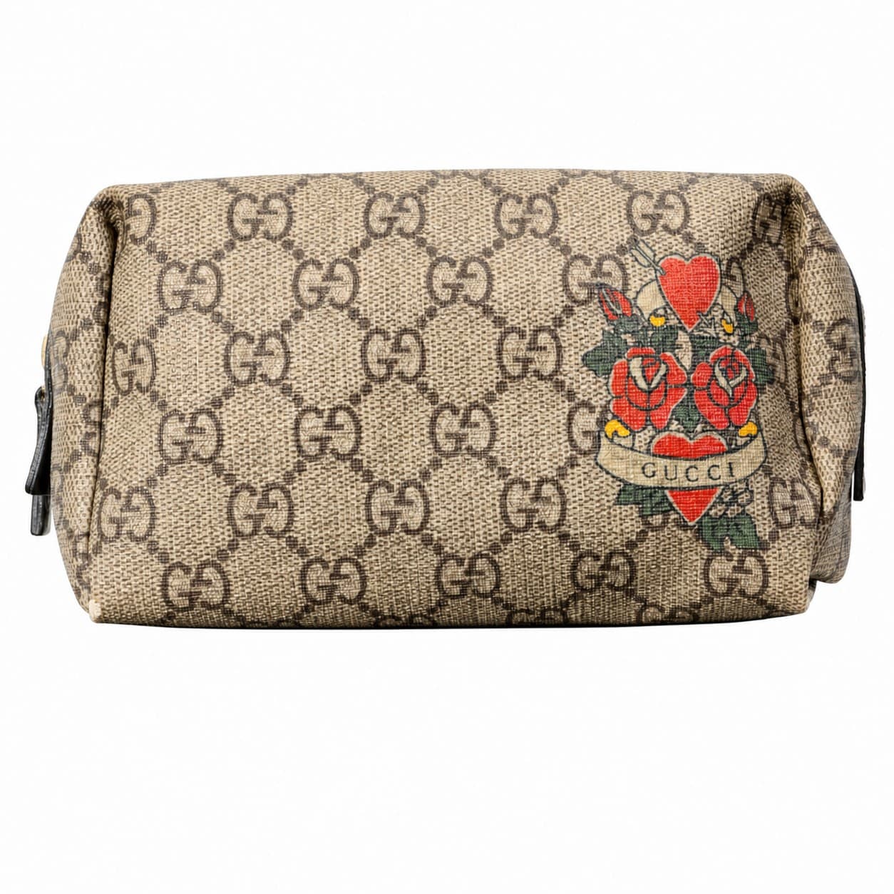 Gucci GG Supreme Heart Tattoo Print Cosmetic Pouch Bag Canvas Leather Beige