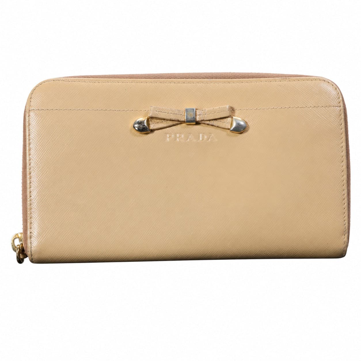Prada Saffiano Leather Bow Zip Around Continental Wallet Beige Cammeo