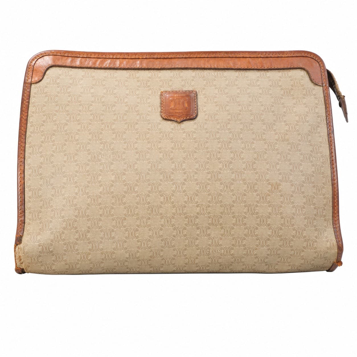 Céline Macadam Monogram Canvas Leather Clutch Pouch Bag Beige Brown