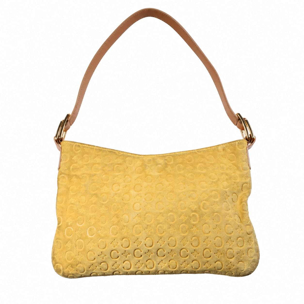 Céline Macadam Suede Leather Shoulder Bag Hobo Purse Yellow Gold Hardware