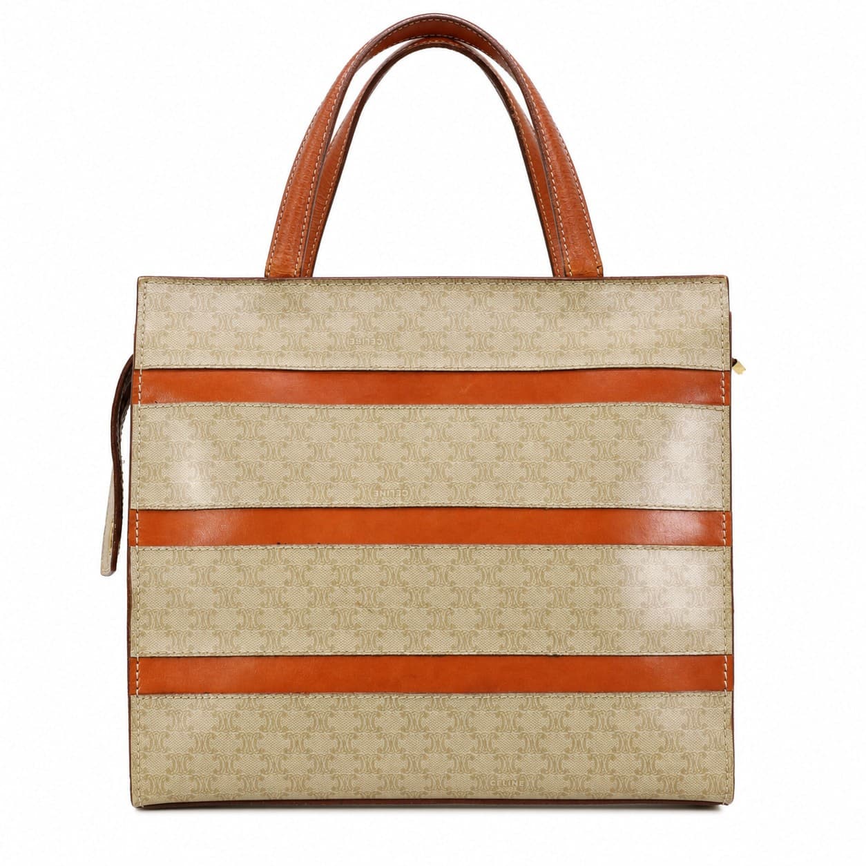 Celine Macadam Striped Canvas Leather Top Handle Handbag Bag Beige Cognac