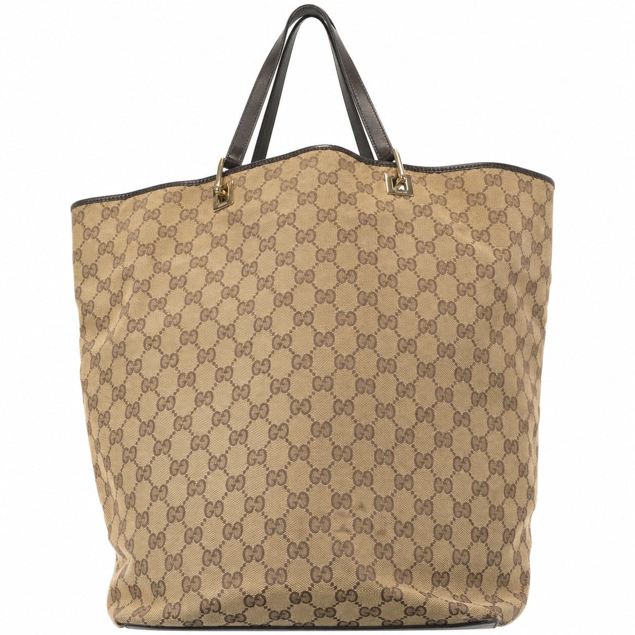 Gucci GG Monogram Canvas Tote Handbag Purse Bag Black Leather Beige Brown