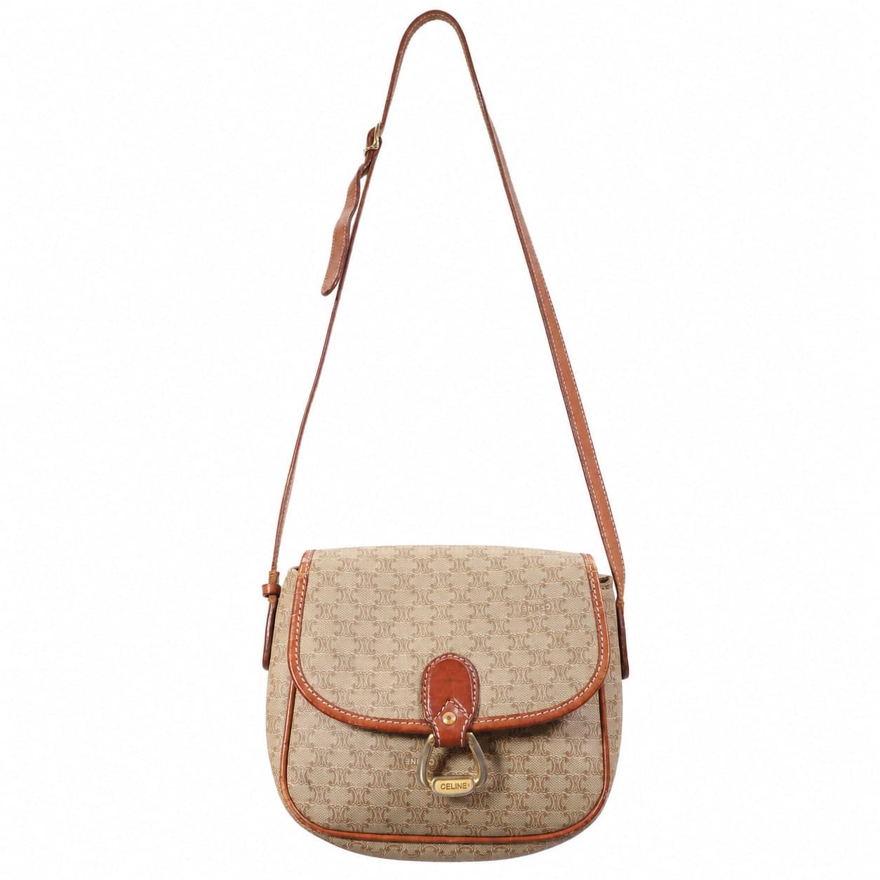 Céline Macadam Monogram Canvas Leather Crossbody Shoulder Bag Beige Brown