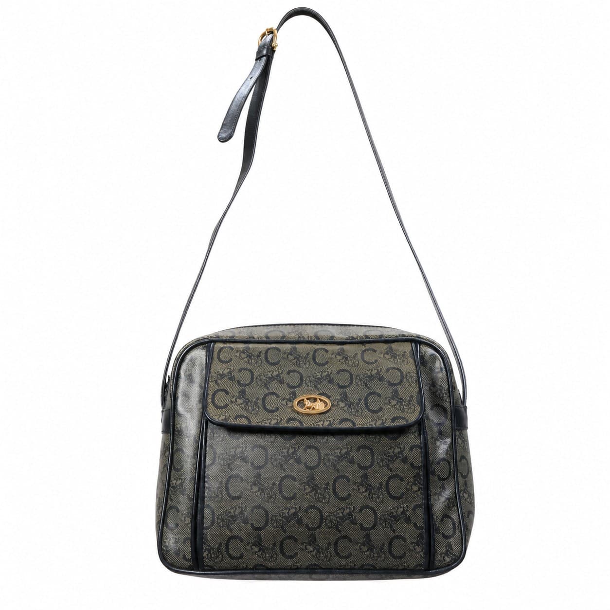 Celine Macadam Monogram Canvas Leather Shoulder Bag Crossbody Purse Handbag Olive