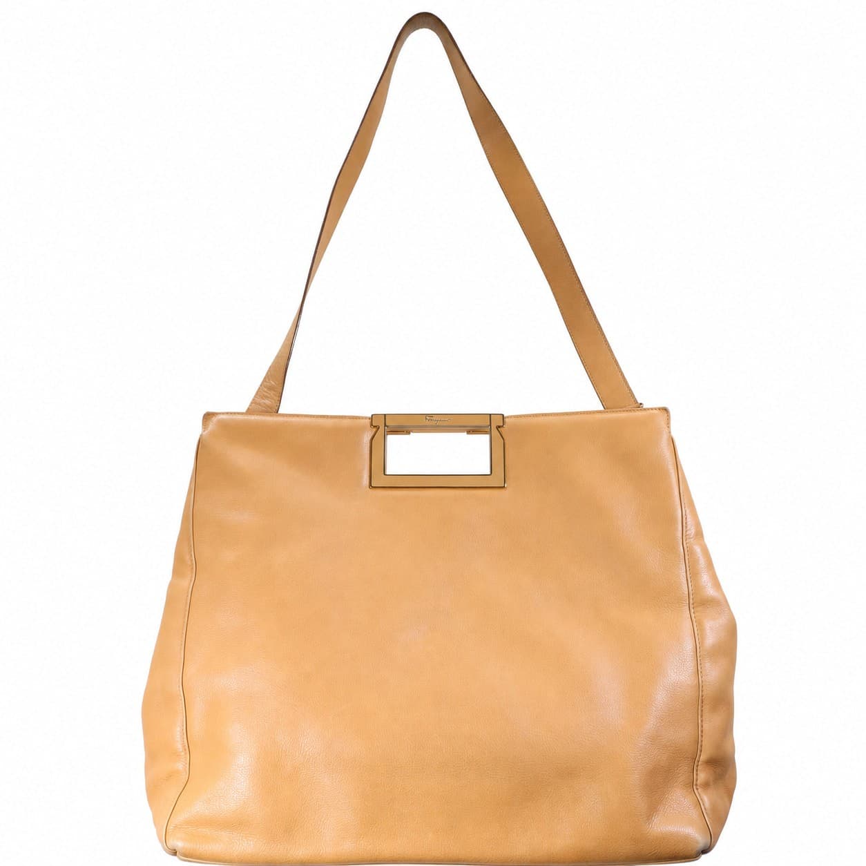 Salvatore Ferragamo Tan Leather Shoulder Bag Handbag Tote Purse Cutout Handle