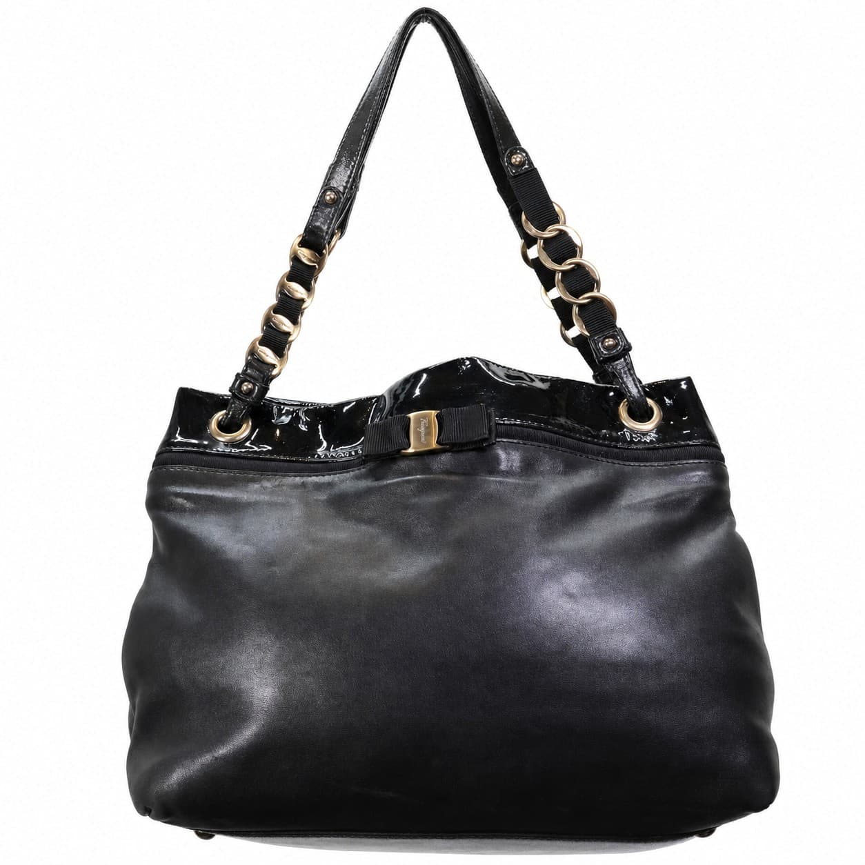 Salvatore Ferragamo Black Leather Shoulder Bag Handbag Purse Chain Strap