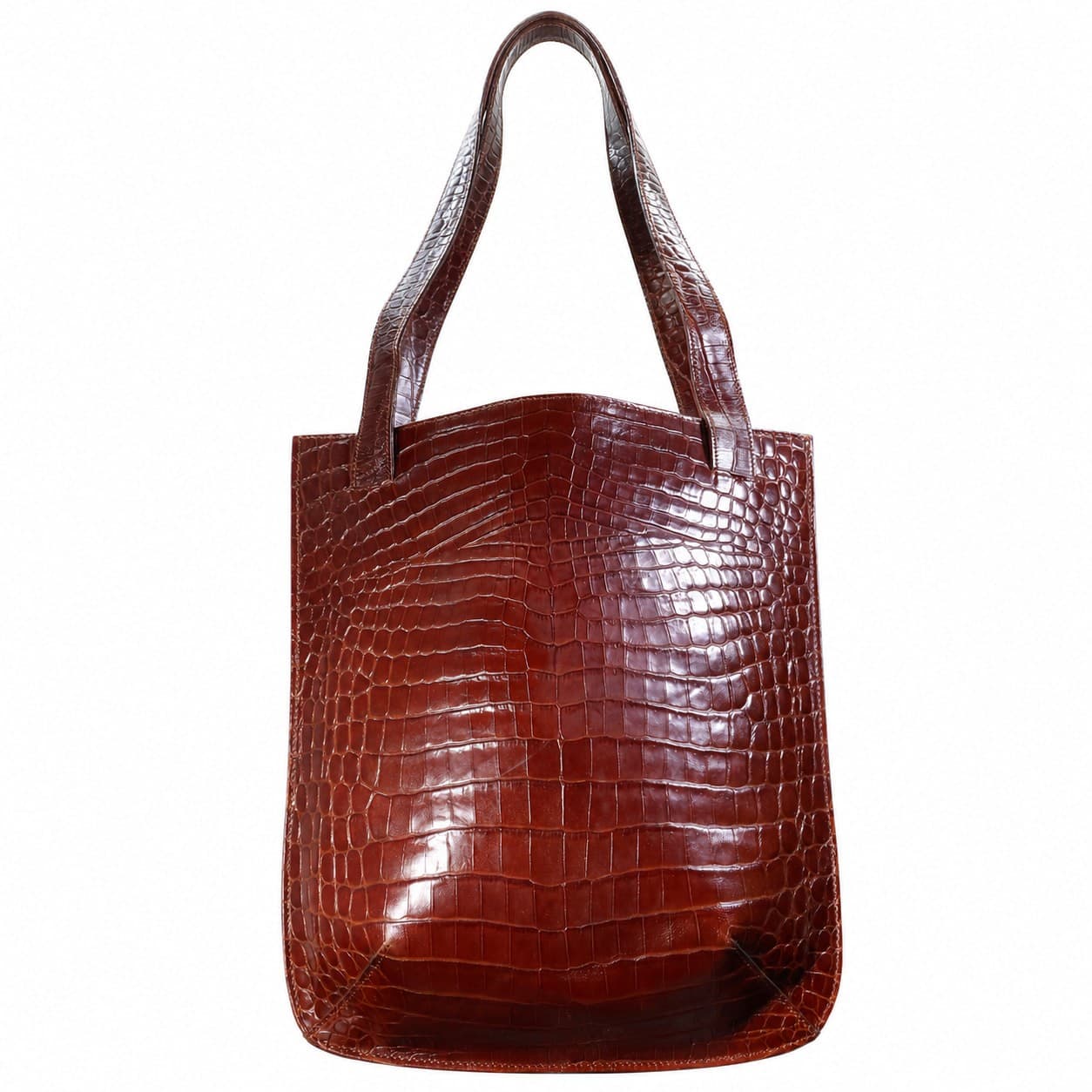 Salvatore Ferragamo Crocodile Embossed Leather Tote Bag Handbag Purse Brown