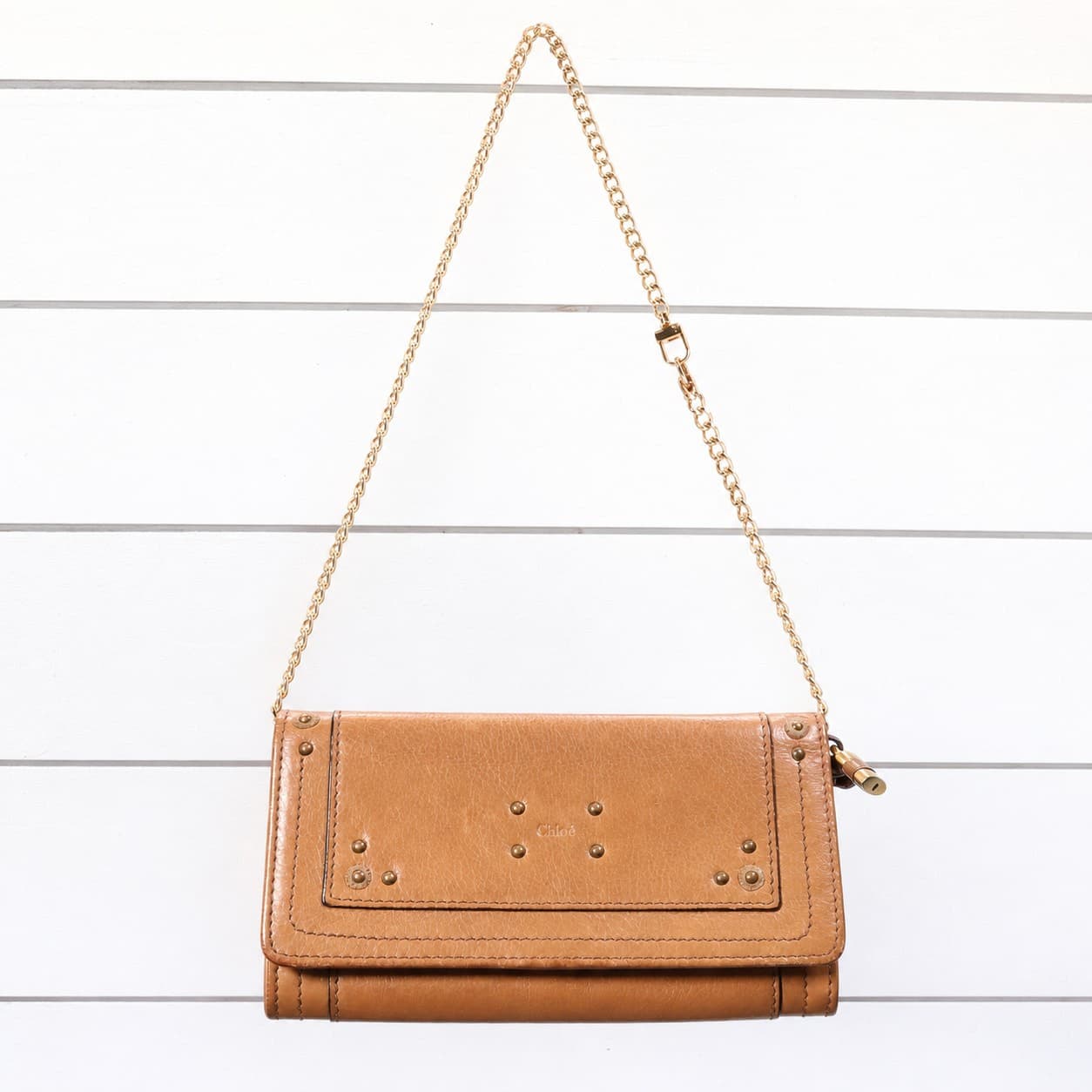 Chloé Studded Leather Wallet On Chain Crossbody Bag Purse Tan