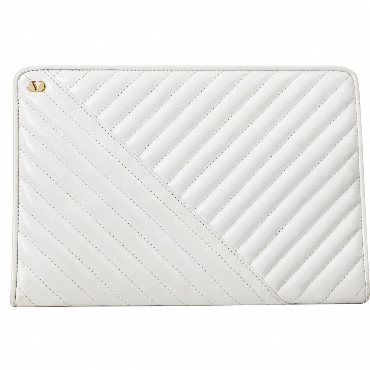 Valentino Garavani White Leather Chevron Quilted Clutch Bag Purse V Logo
