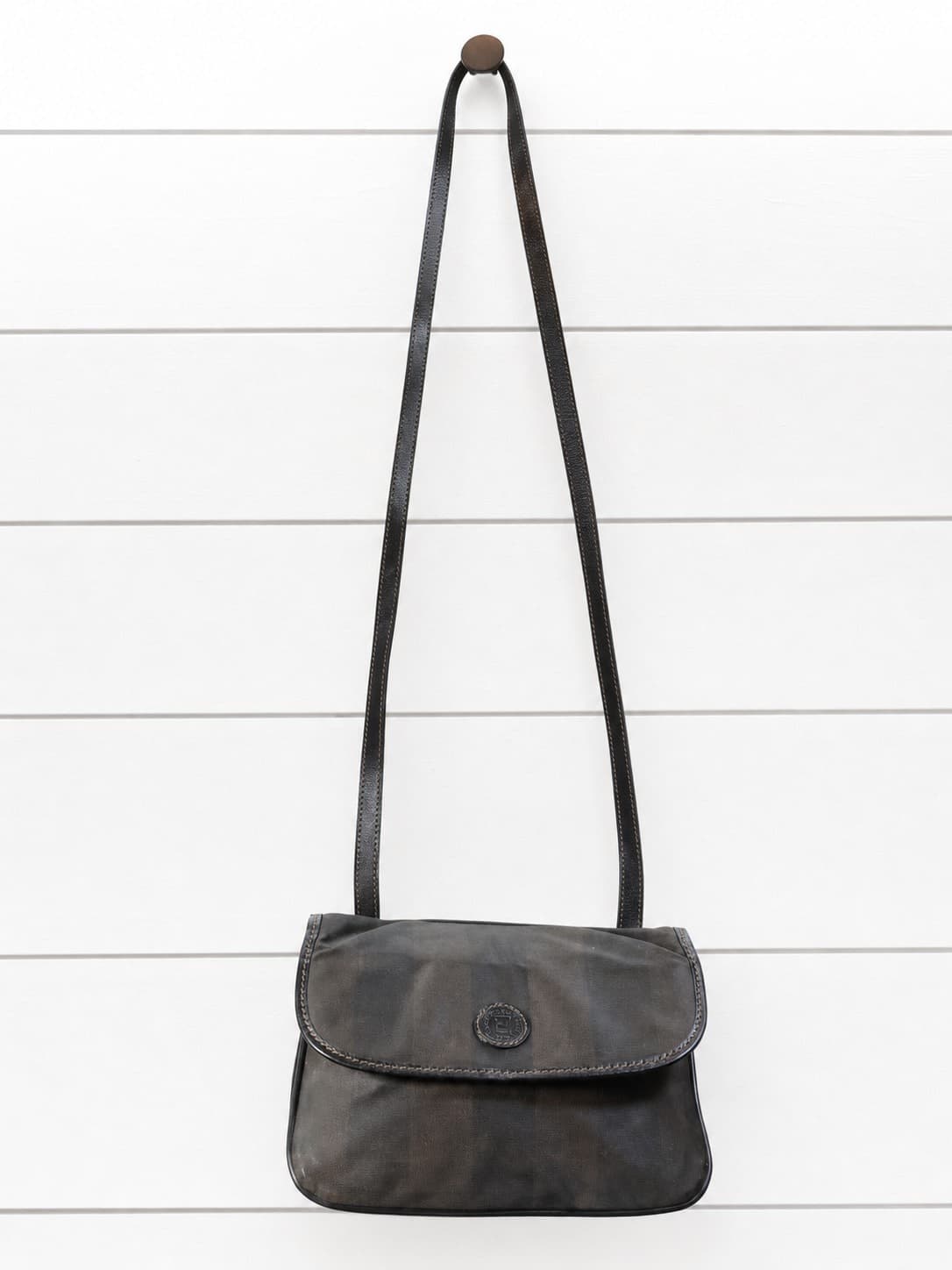 Fendi Pequin Striped Canvas Crossbody Shoulder Bag Purse Brown Leather