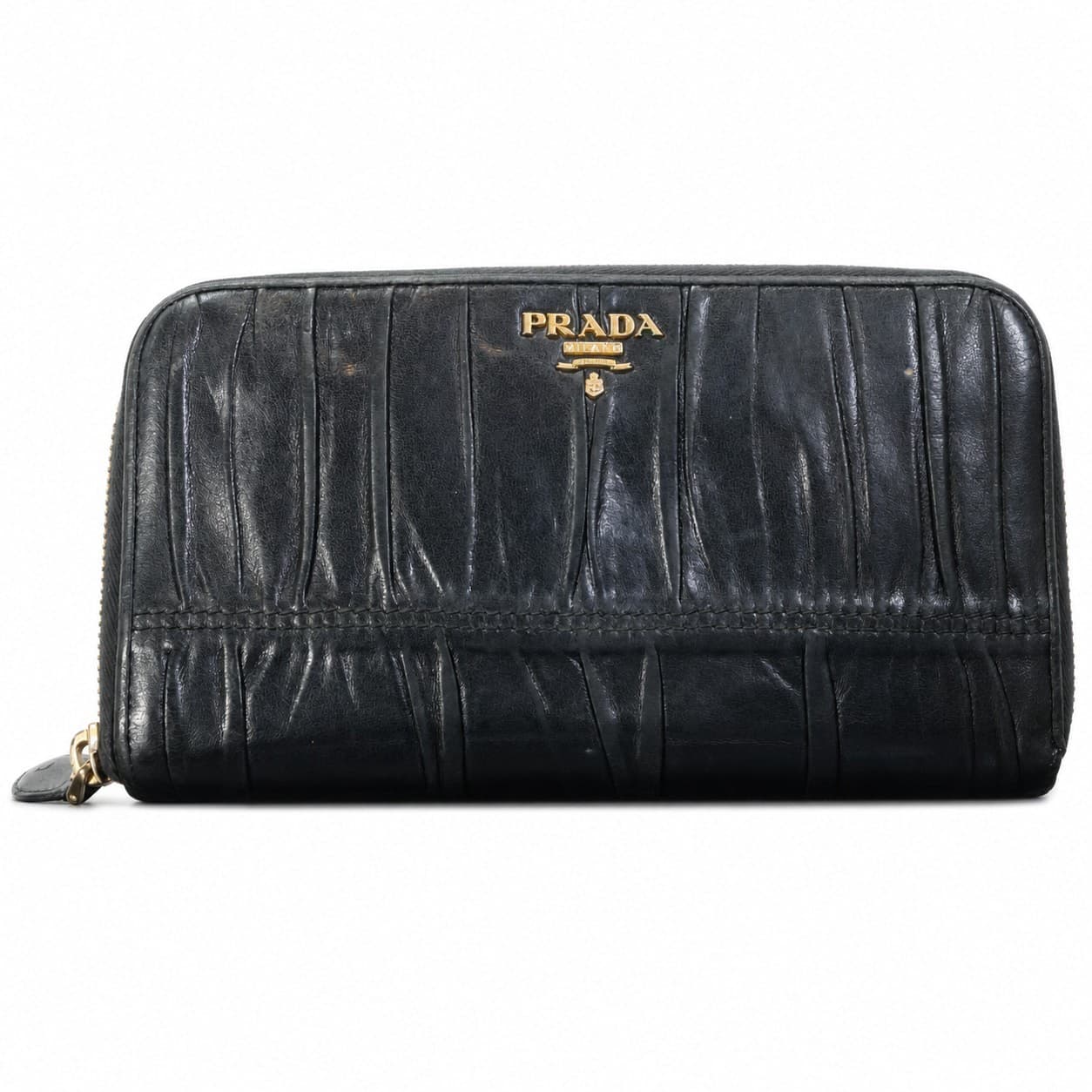 Prada Nappa Gaufre Gathered Black Leather Zip Around Wallet Purse