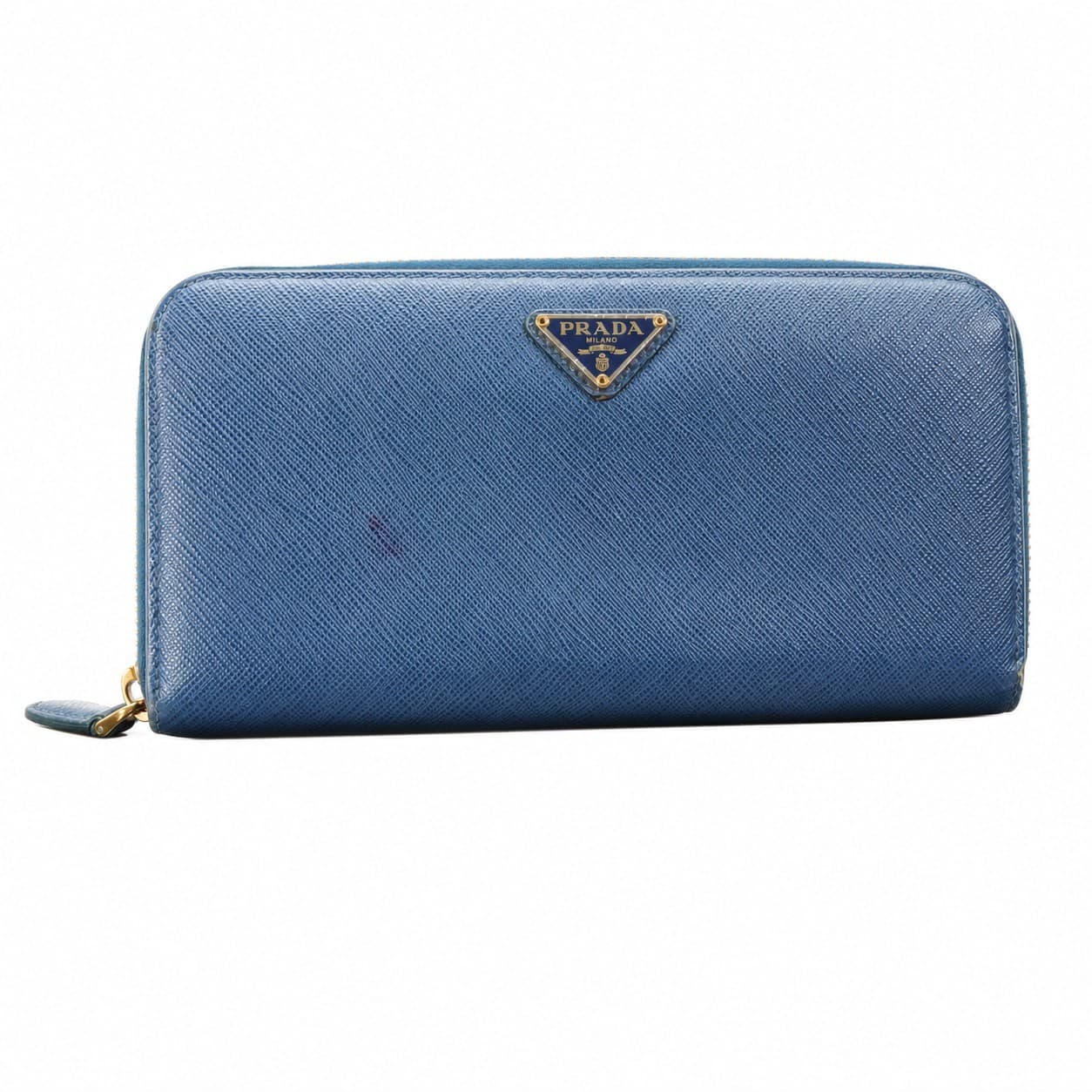 Prada Saffiano Leather Zip Around Wallet Blue Gold Hardware