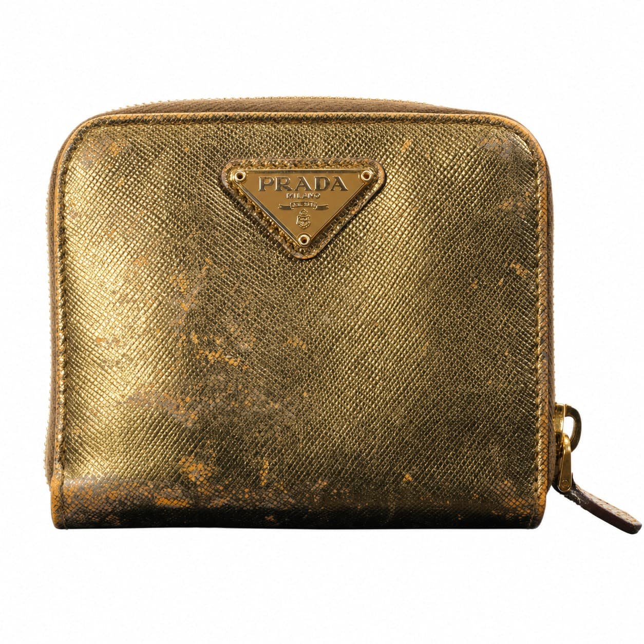 Prada Saffiano Metallic Gold Leather Bifold Wallet Purse