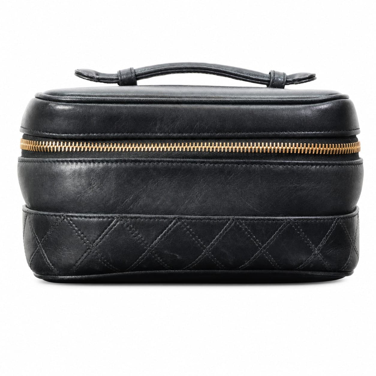 Chanel Black Leather Quilted Vanity Case Cosmetic Bag Handbag Gold Hardware
