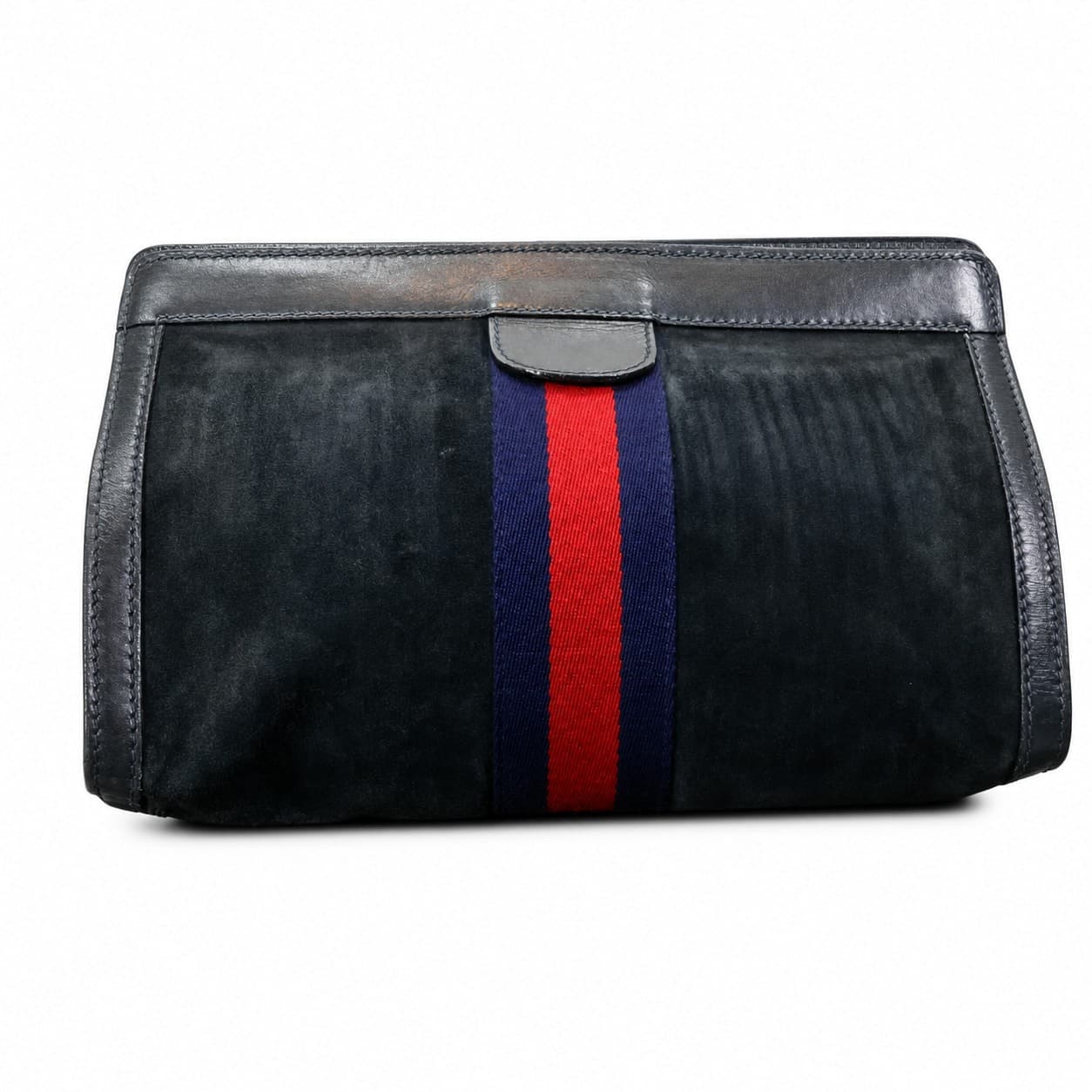 Gucci Luxury Collection Suede Leather Web Stripe Clutch Handbag Purse Bag Black