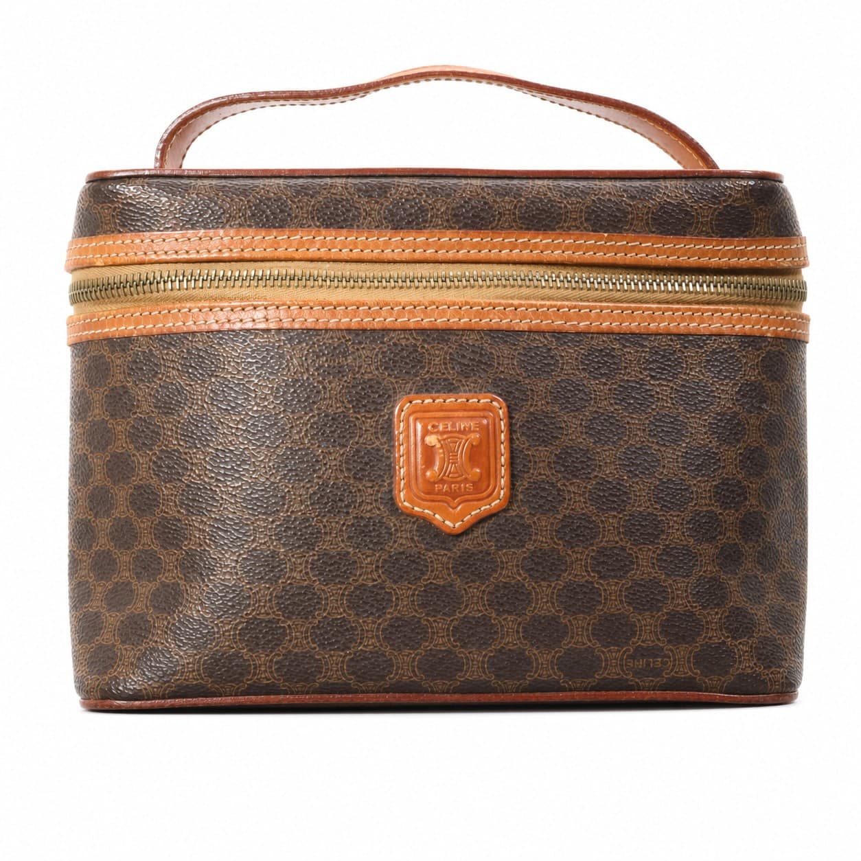 Céline Macadam Vanity Case Cosmetic Bag Handbag Purse Brown Coated Canvas Leather