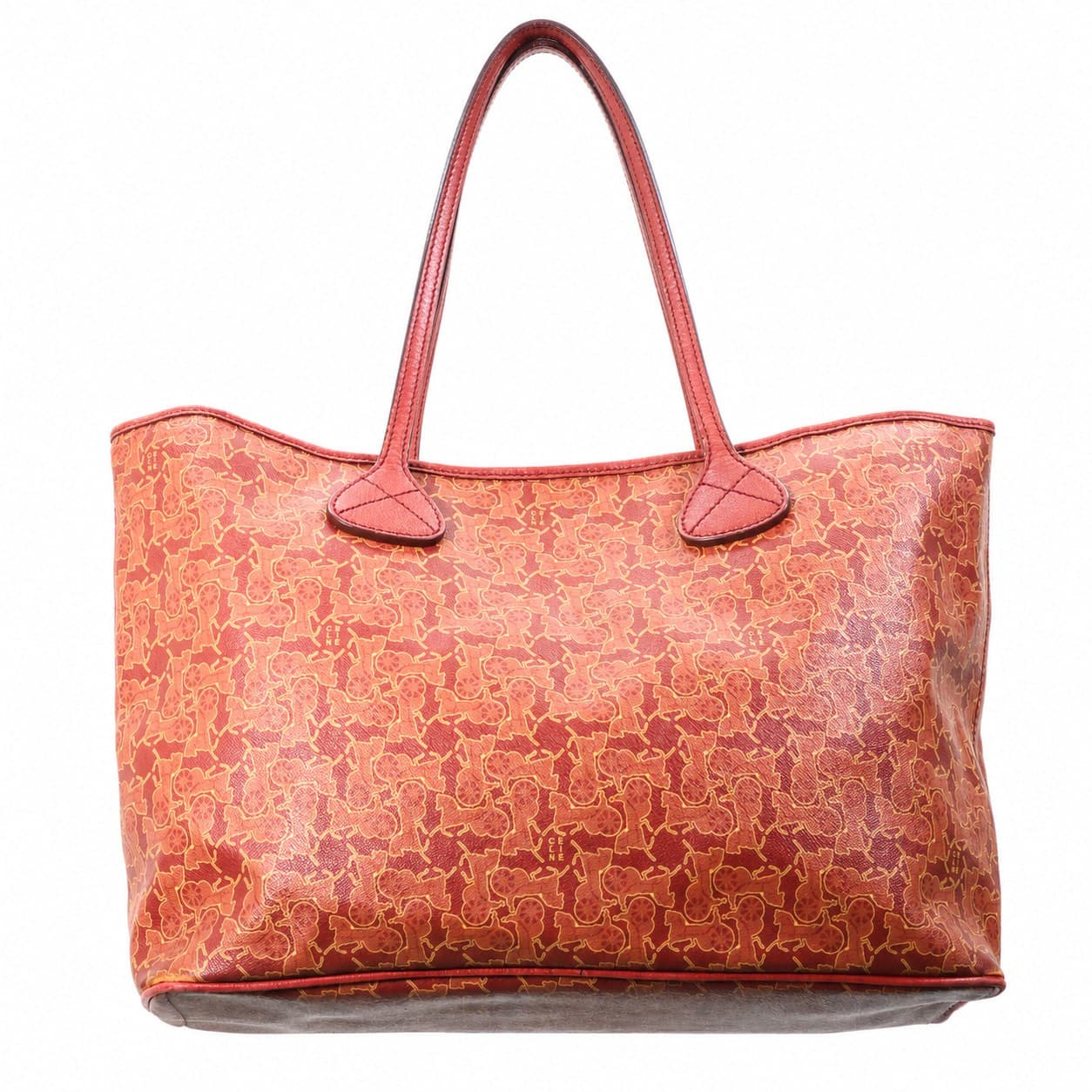 Céline Macadam Coated Canvas Leather Tote Shoulder Bag Handbag Purse Red Coral