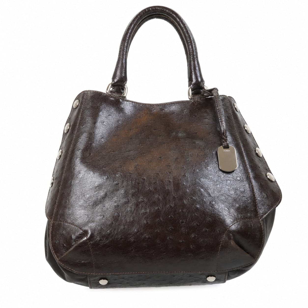 Furla Ostrich Embossed Leather Brown Shoulder Bag Handbag Purse Satchel