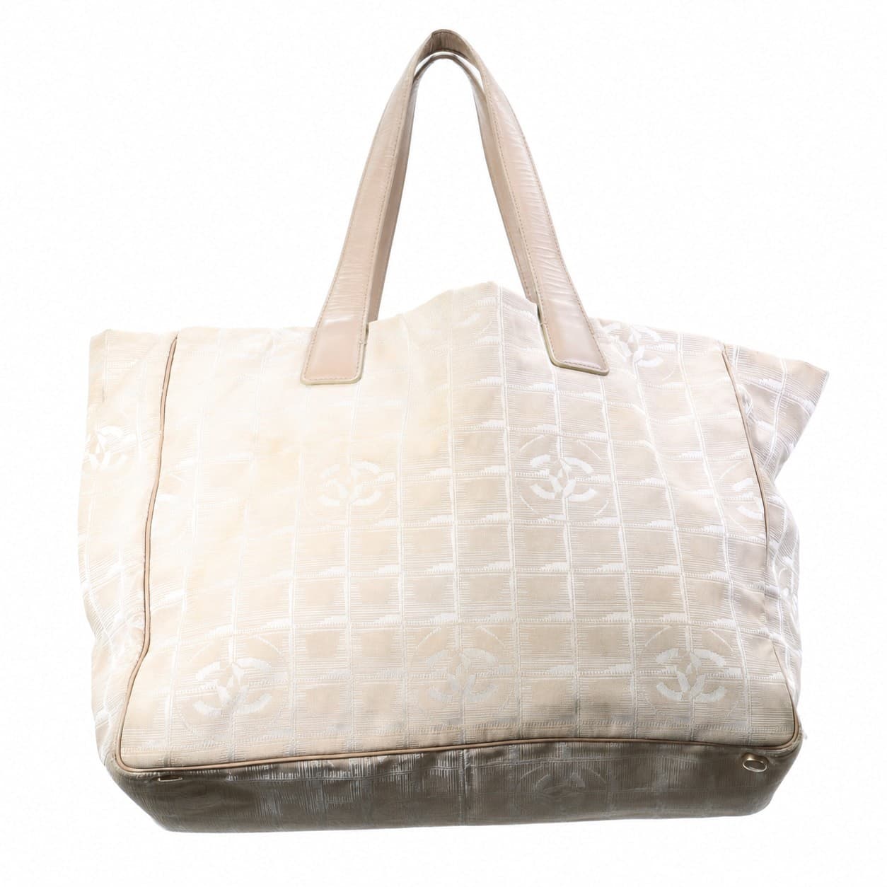 Chanel New Travel Line Jacquard Nylon Tote Bag Handbag Purse Beige